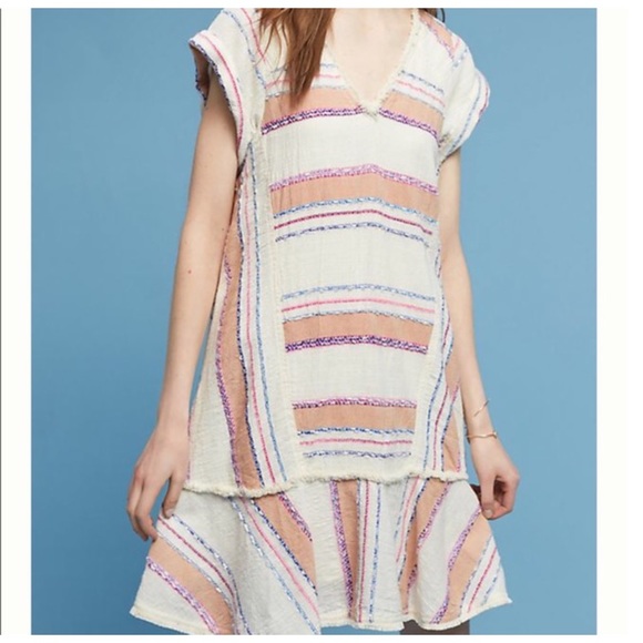 Anthropologie Holding Horses Elira Striped Boho Dress Sz S Frayed Trim - Picture 2 of 13
